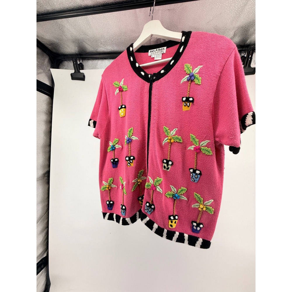 Jack B. Quick Vintage Pink Palm Tree Embroidered Zip Front Cardigan Sweater L